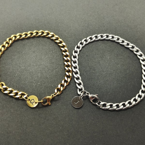 Personalized Curb Chain Bracelet | Silver Gold Engravable Bracelet | Initial Letter Bracelet | Unisex Bracelet | Couple Bracelet