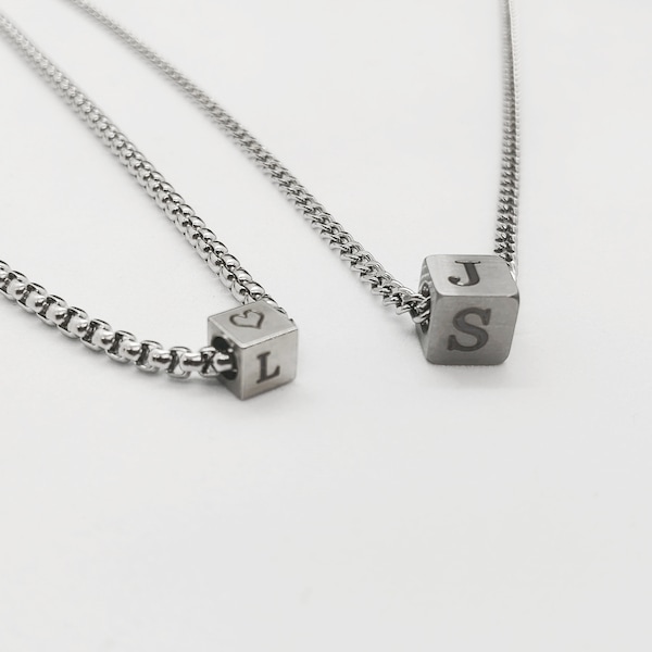 Men's Silver Dice Necklace | Engraved Black Silver Gold Cube Necklace | Family Initial Cube | Couple Necklace | Gift for Him Her