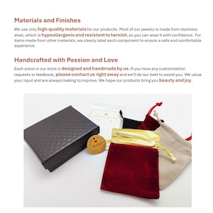 May include: A collection of jewelry packaging, including a textured black box, small velvet pouches in red, gold, and beige, and a small round tag that says "Thank you". The image also includes text about materials and handcrafted items.