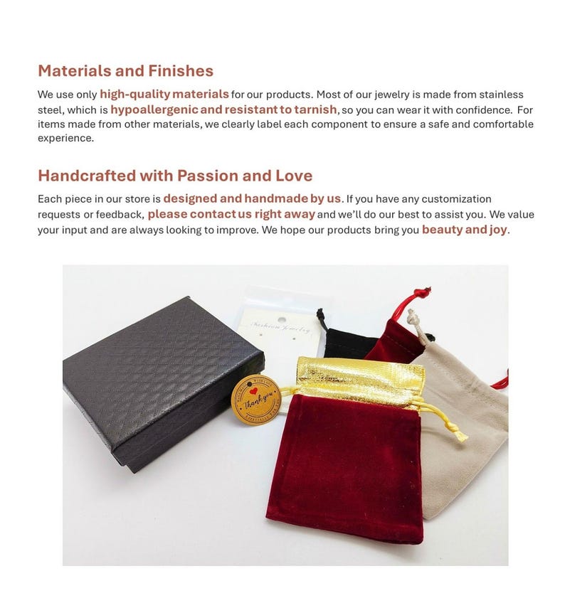 May include: A collection of jewelry packaging, including a textured black box, small velvet pouches in red, gold, and beige, and a small round tag that says "Thank you". The image also includes text about materials and handcrafted items.