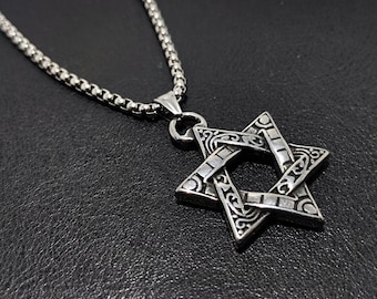 Star of David Necklace for Men | Engraved Stainless Steel Pendant | Celtic Knot Jewelry | Chunky Retro Charm | Waterproof Chain Gift for Him