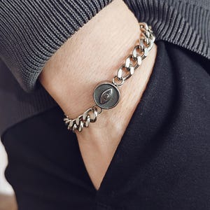 Personalized Evil Eye Protection Bracelet | Stainless Steel Cuban Chain with Lucky Charm | Custom Silver Protection Bracelet | Gift for Him