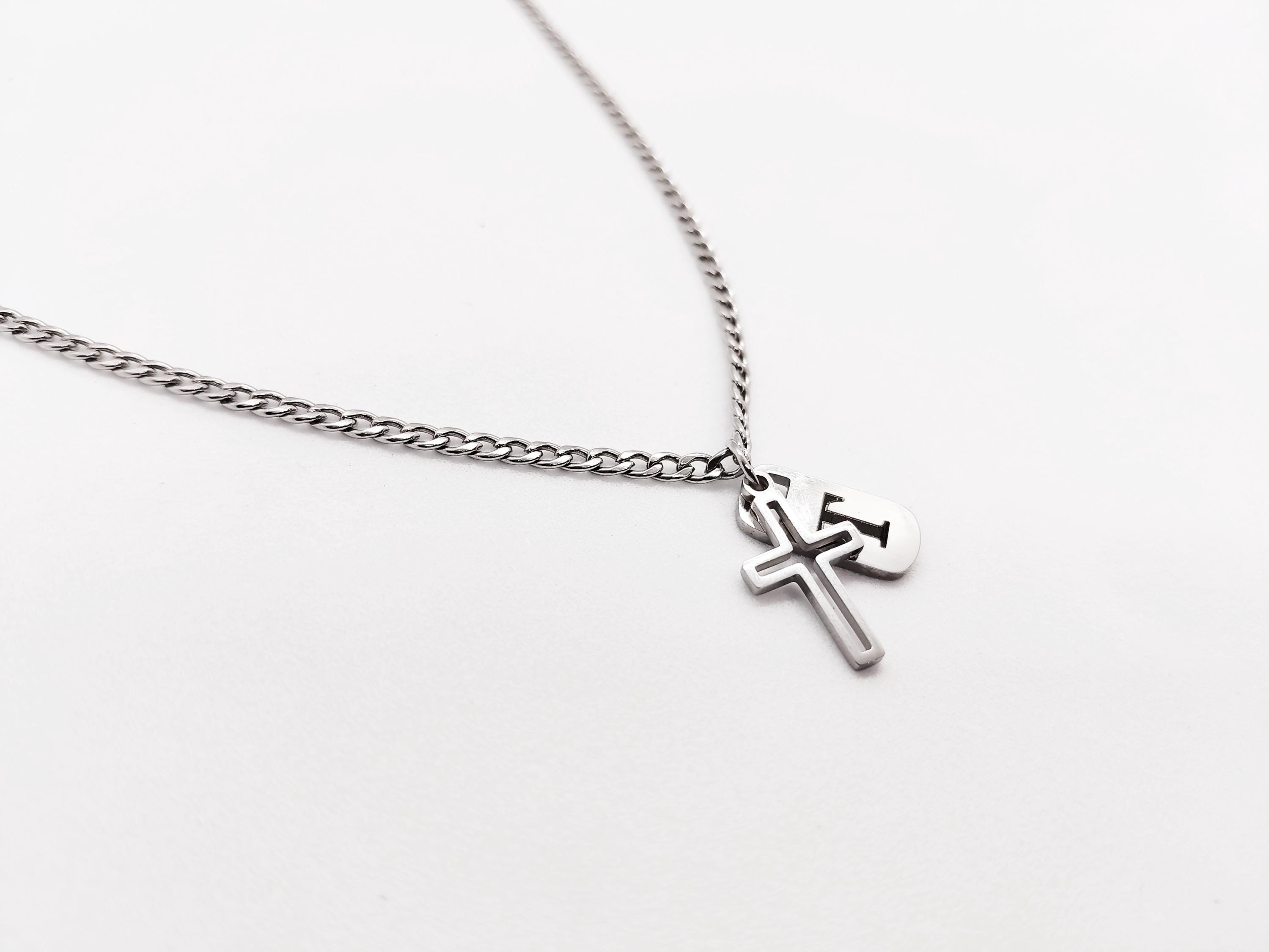 thumbnail image 2 of Men's Stainless Steel Cuban Chain With Double Cross Wood Inlay Pendant 2 of 4