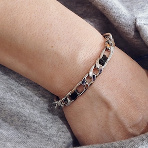 Men Customized Bland Silver Two Tone Stainless Steel Bracelet | Chunky Figaro Chain | Classic Minimalist Initial Bracelet Gift