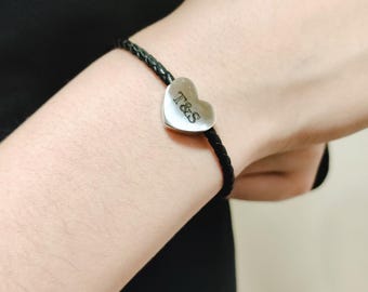 Custom Leather Beaded Bracelet | Engravable Heart Shape Charm | 3mm Cord Bracelet | Name Anniversary Birthday Bracelet | Gift for Love