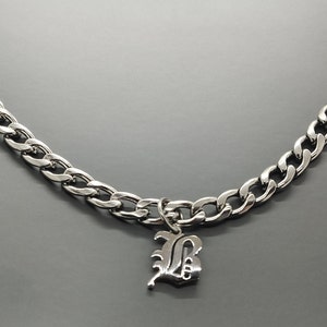 Silver Old English Initial Pendant Necklace | Personalized Chunky Necklace | Curb Chain | Men ID Jewelry | Gift for Dad Husband Boyfriend