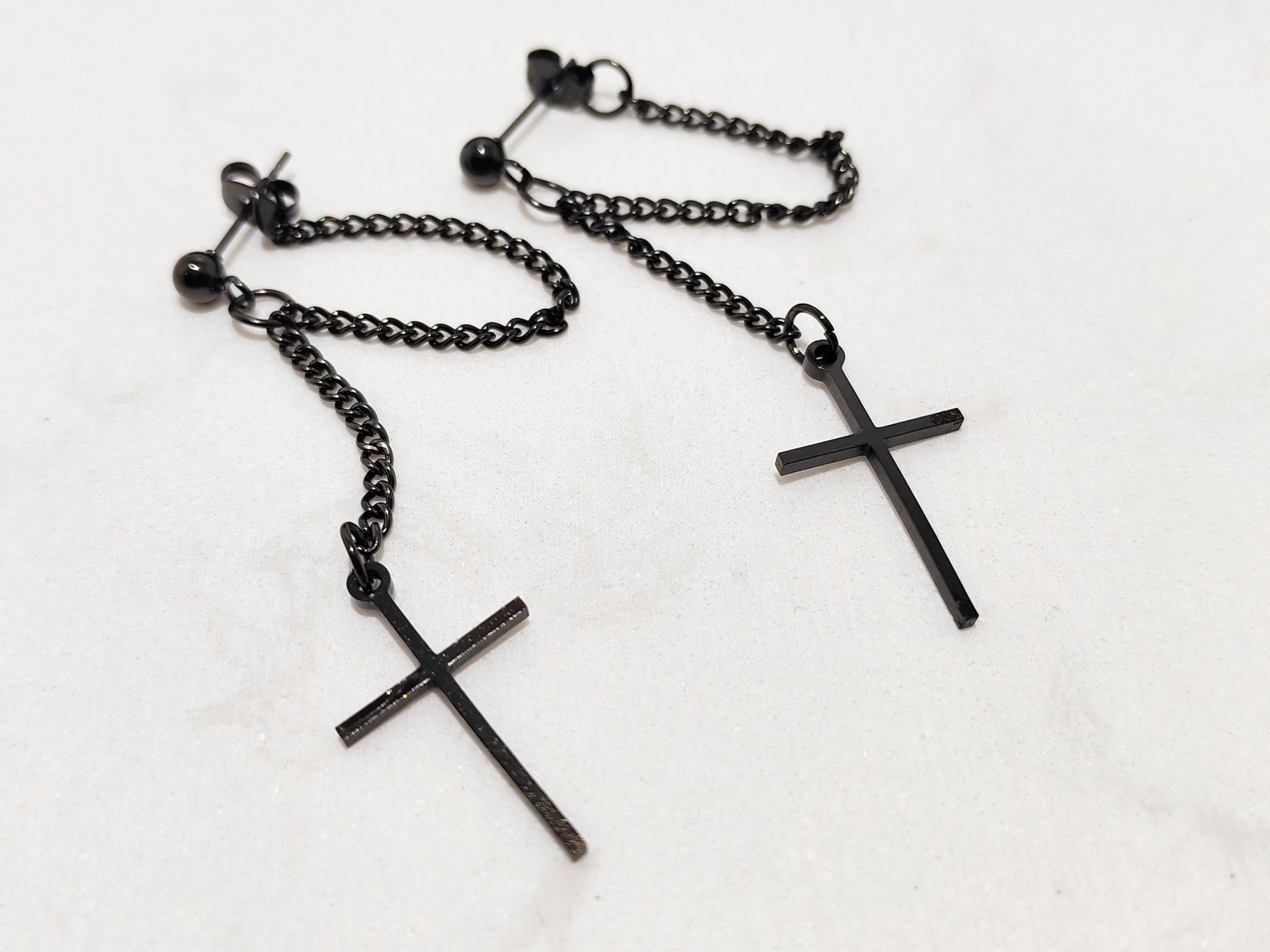 Cross Dangle Stud Earring | Double Chain Earring | Goth Jewelry | Black ...