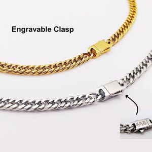 May include: Two gold and silver curb chains with engravable clasps. The silver clasp has the text "05.05.31" engraved on it.  Engravable Clasp.
