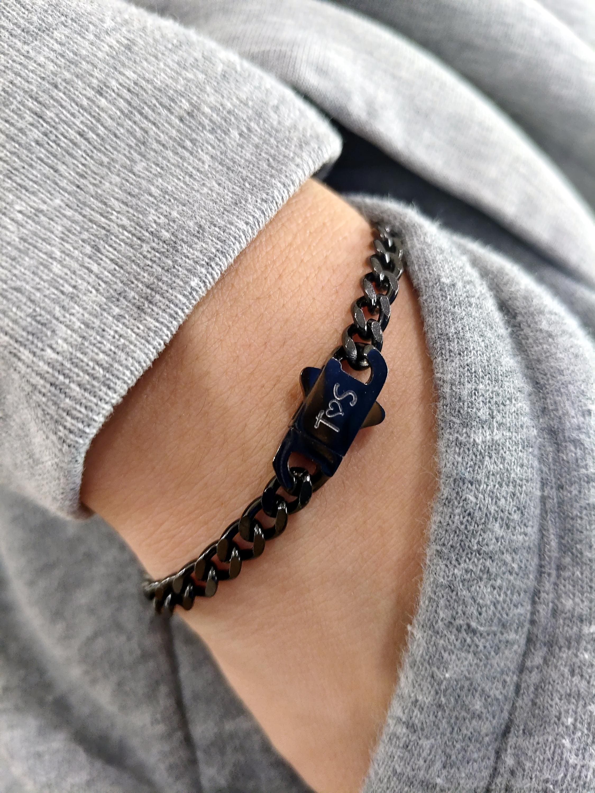 Men Black Stainless Steel Cuban Link Chain Bracelet | Personalized Engraved Clasp | Minimalist Name Date Bracelet | Durable Gift for Him
