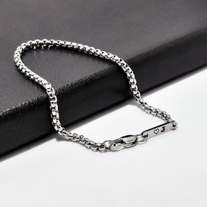 Men Personalized Minimalist Box Chain Engraved Bracelet | Silver Gold Stainless Steel | Custom Tag with Date Initial Name | Gift For Him