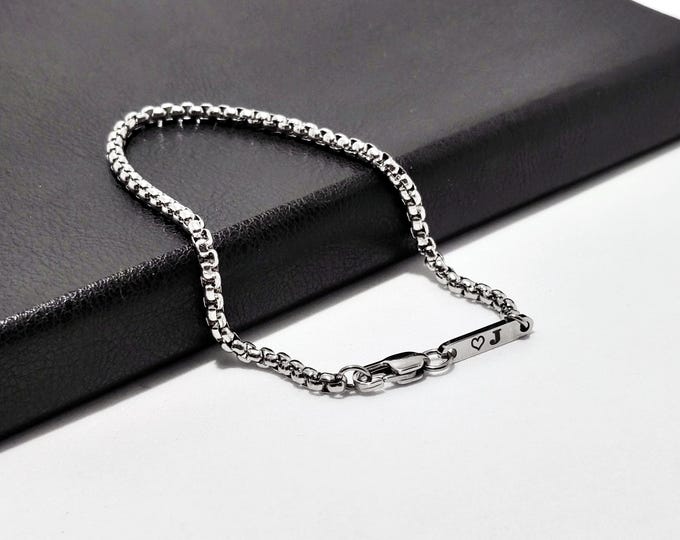 Men Personalized Minimalist Box Chain Engraved Bracelet | Silver Gold Stainless Steel | Custom Tag with Date Initial Name | Gift For Him