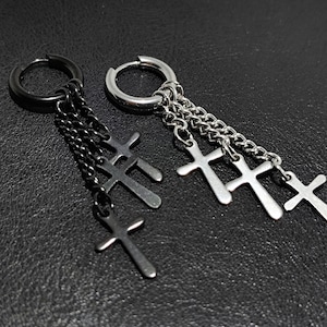 Stainless Steel Cross Chain Hoop Earrings for Men | Women Dangle Huggies | Black or Silver Waterproof Hypoallergenic | Religious Gift