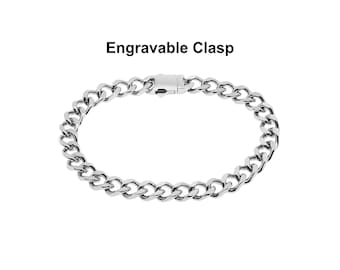 Men Silver Cuban Link Chain Bracelet | Personalized Engraved Clasp Bracelet | Minimalist 5MM 7MM Cuban Chain Bracelet | Gift for Him