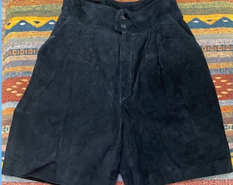 Short taille haute en daim noir vintage des années 1980 avec poches pour femme, taille XS-S