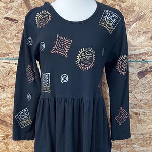 1980&#39;s Cotton Knit Artsy Metallic Print Black Dress with Pocket by LA Artwear size S / M Made in USA