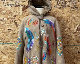 Vintage Hand Painted Artsy Boho  Hippie Hooded Tan Suede Shearling Coat size M / 8 / 10 / EU 42