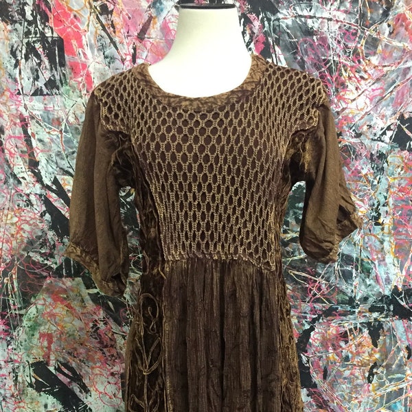 90’s Vintage Brown Earth Tone Bohemian Velvet and Rayon Flowy Dress S/ M