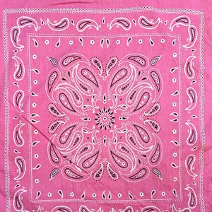 May include: A pink bandana with a white paisley pattern and black accents. The bandana has a fringed edge.