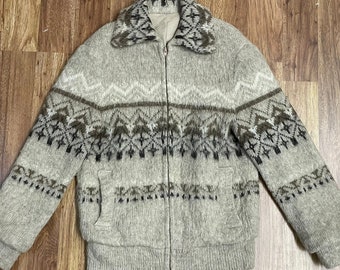 70’s / 80’s Icelandic Wool Vintage Nordic Patterned Zip up lined Sweater Jacket Coat Unisex size M