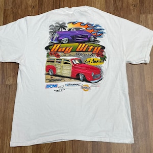 Vintage 1990’s Bay City at the Beach Huntington Beach California Antique Car Club hot rod graphic white T-shirt size XL