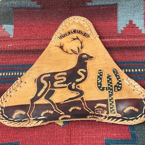 Vintage Hand Tooled Leather Triangle 3 Legged Stool Seat Cover Desert Deer Motif