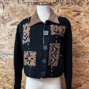 1990’s Vintage Ladies Artsy Boxy Suede and Boucle Short Sweater Jacket  size S - M