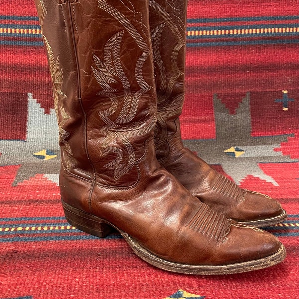 Bottes de cowboy Justin Western en cuir marron vintage très cassées et en détresse pour hommes des années 1960 taille 9,5 E