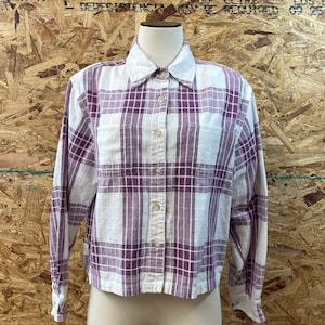 1990’s Ladies Cropped Boxy Cotton Plaid Checked Textured Shacket Shirt/Jacket size M / L Removable shoulder pads