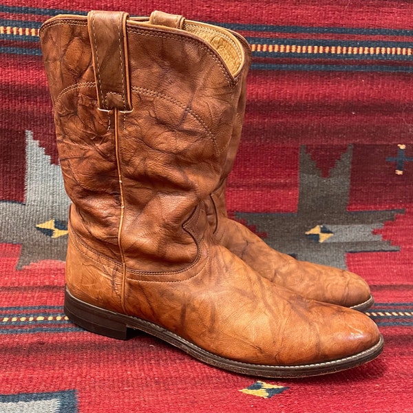 Men's Vintage Justin Distressed Marble Leather Western Cowboy Roper Boots size 10.5 D