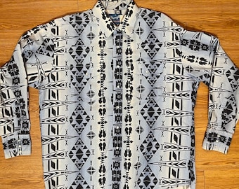 Vintage Wrangler Southwest Western Western Hemd mit geometrischem Druck Perlen Druckknopf Cowboy Shirt Herren XL