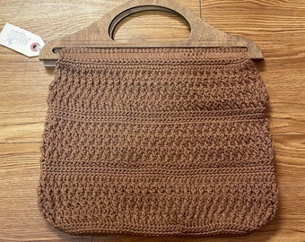 1970's / 1980’s Boho Vintage Wooden Handles Crocheted Macrame Purse Handbag Tote Bag