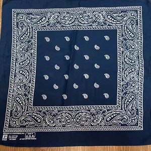1970s Vintage Soft Navy Blue Bandana Made In USA Paisley Pattern COLORFAST