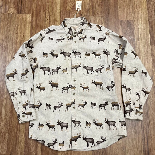 Vintage Woolrich Deer animal themed print button down collar Flannel Shirt Mens size M