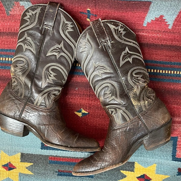 Bottes de cow-boy western en cuir brun cassé et très vieilli pour hommes taille 10,5