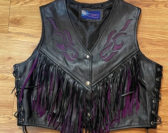 1980’s / 1990’s Black & Purple Leather Fringed snap Vest Ladies size L / XL