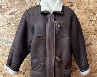 90’s Vintage Ladies Plush Brown Leather Shearling Coat size XS