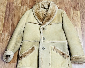 Jaren '70 Mens Vintage Suede Shearling Ranch Coat maat M