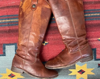 Very Broken In and Distressed Vintage Frye Tall Extended Calf Tobacco Brown Leather US Ladies Size 6.5