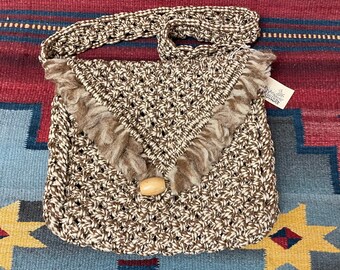 1970's Boho Vintage Crocheted Macrame Purse Handbag Shoulder Bag wooden Button closure