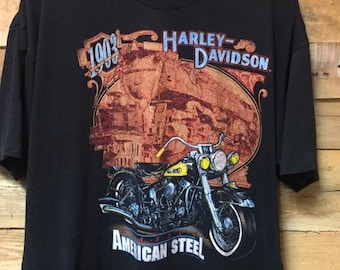 【Raucohouse】American harley-davidson printing t-shirt 80s 3D Emblem Harley Davidson American Hog on A Hog