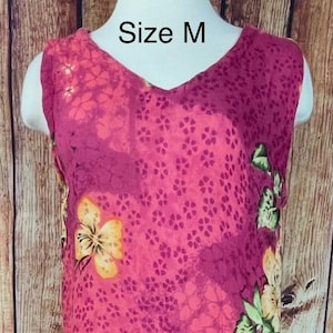 Jaren 90 vintage button-down roze framboos bloemen rayon Jurk maat M Mouwloos met ZAKKEN!