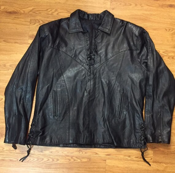 Vintage Black Leather Pullover Hippie Biker Shirt… - image 1