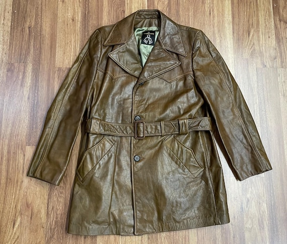 ジャケット・アウター 80s vintage real leather car coat 1970's / 1980's Mens Vintage Brown Leather Belted Jacket Car