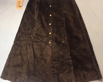 Jupe vintage en daim marron foncé à boutons-pression des années 1970, taille XXS/XS
