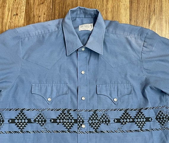 Vintage H Bar C Western Wear Blue Chambray Pearl … - image 2