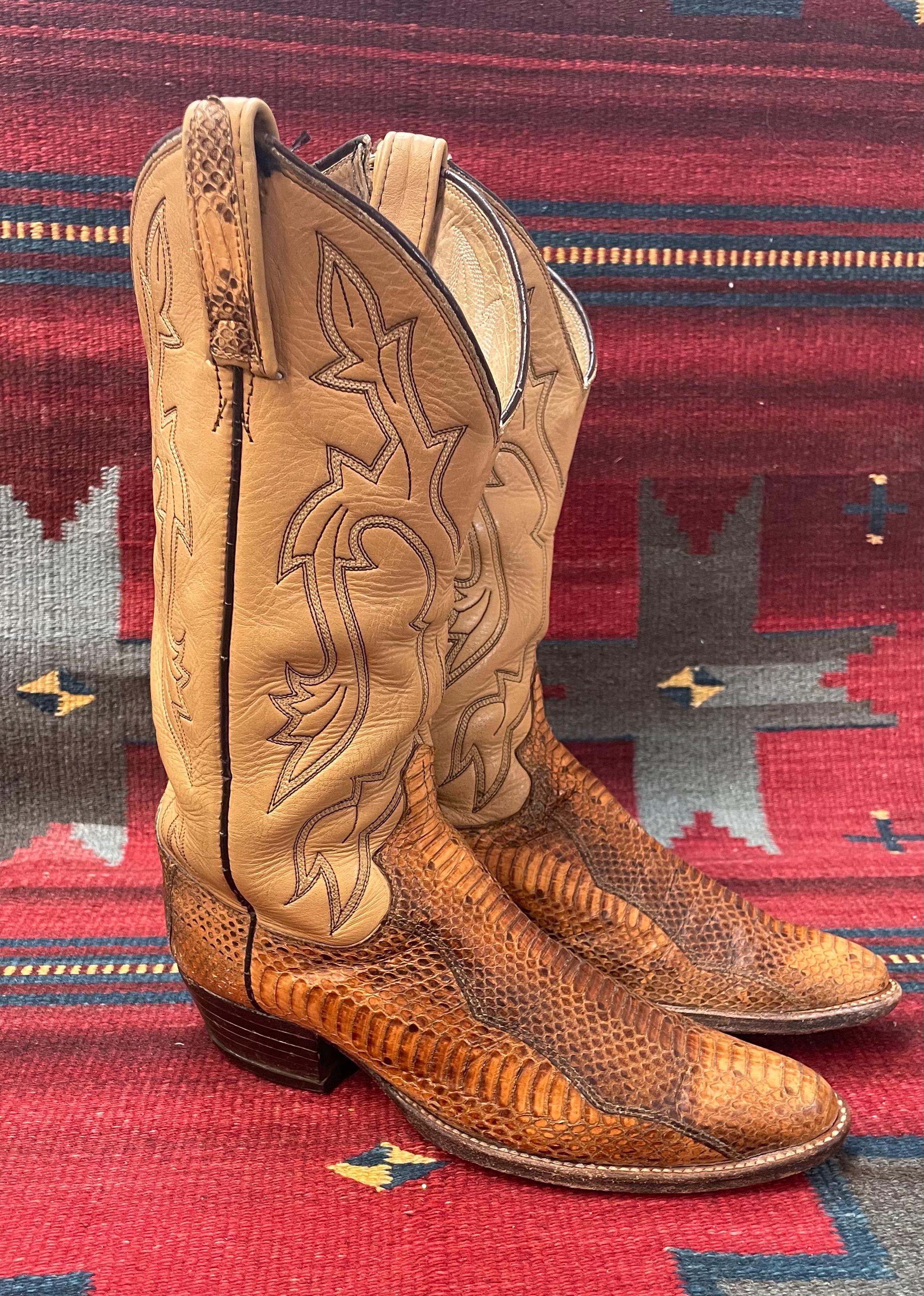 BININBOX Cowboylaarzen voor dames en heren, halfhoge taille, vintage cowboylaarzen met lage hak, leer, Bruin, 43 EU