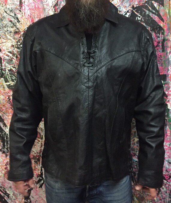 Vintage Black Leather Pullover Hippie Biker Shirt… - image 3
