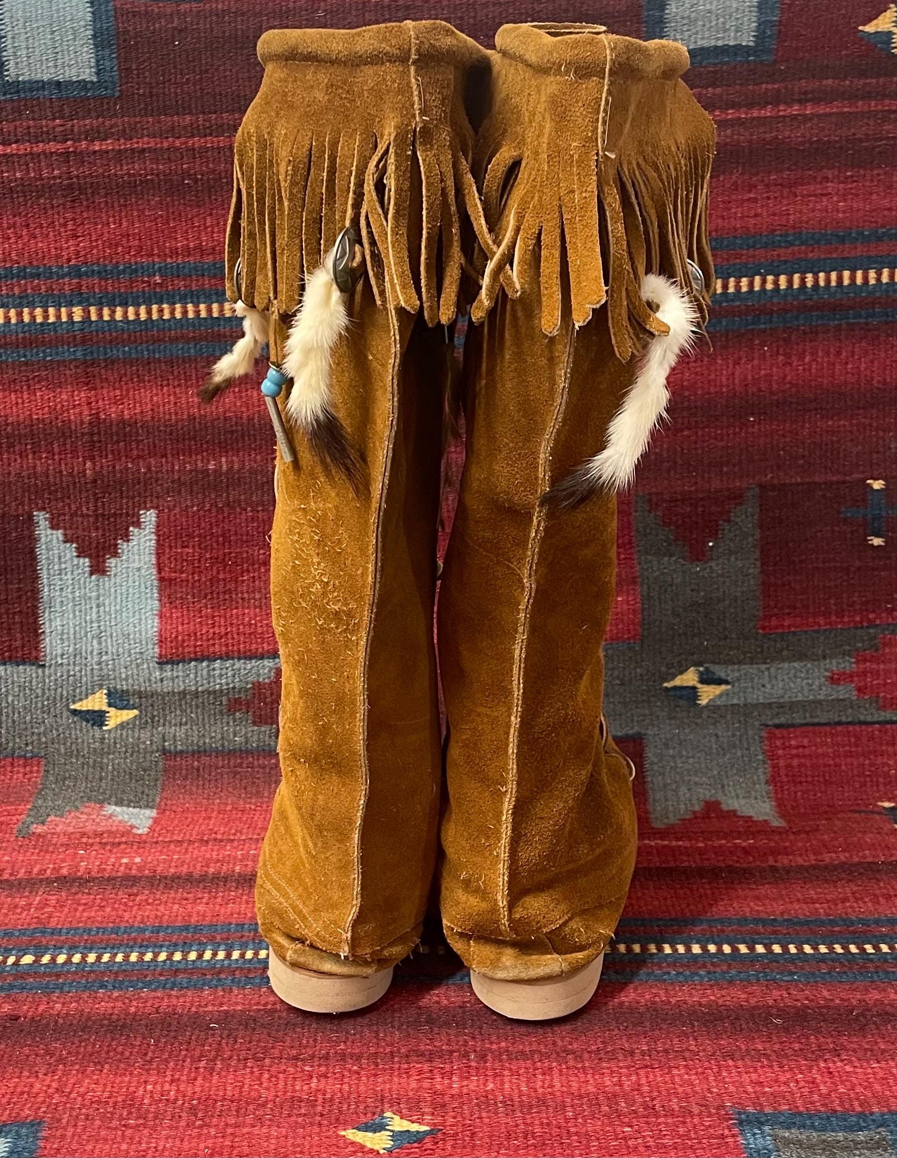 Vintage Taos Brown Suede Fringe Beaded Knee-high Moccasin Boot Men 10.5 Women 12 Vintage Hand-Beaded Taos White Hightop Moccasin Boots W  main image 3