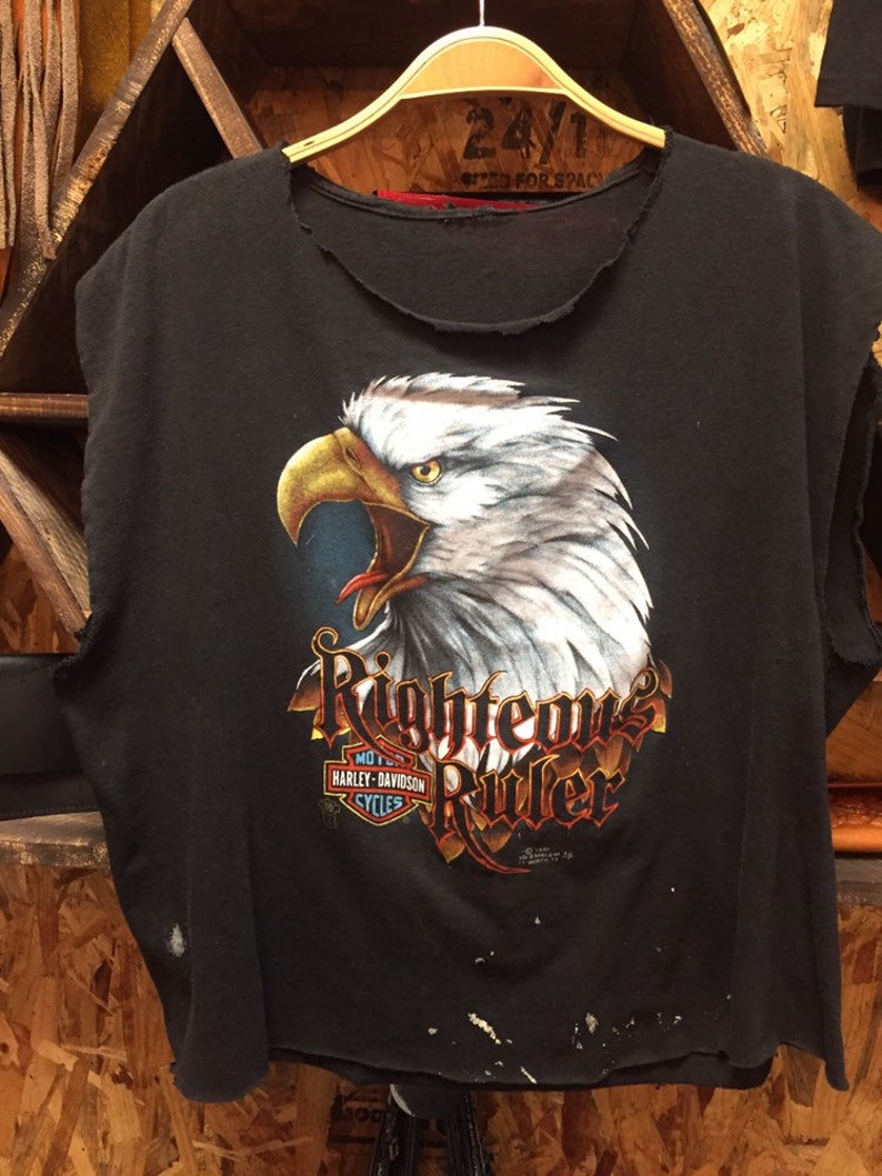 Vintage 1987 Thrashed 3D Emblem Harley Davidson Eagle Righteous Ruler T-shirt size M L