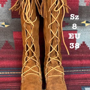 Handmade Vintage Leather Fringe Moccasin Boots Tall Lace Up Native American 11in Native American Boots | eBay main image 3